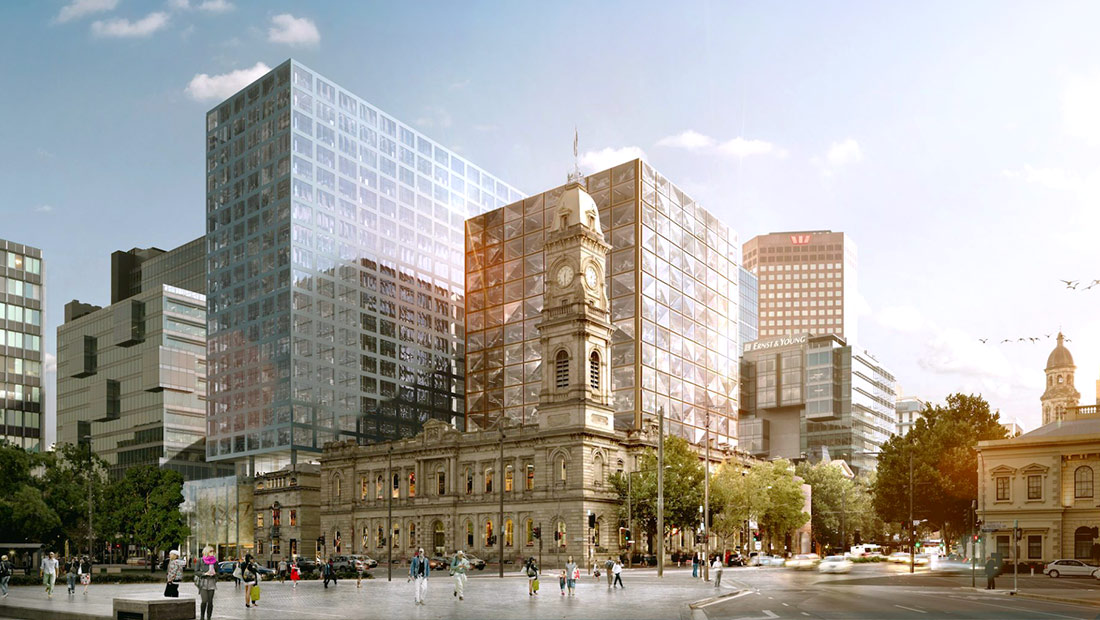 Wide image of Adelaide's buildings, towers, and trees
